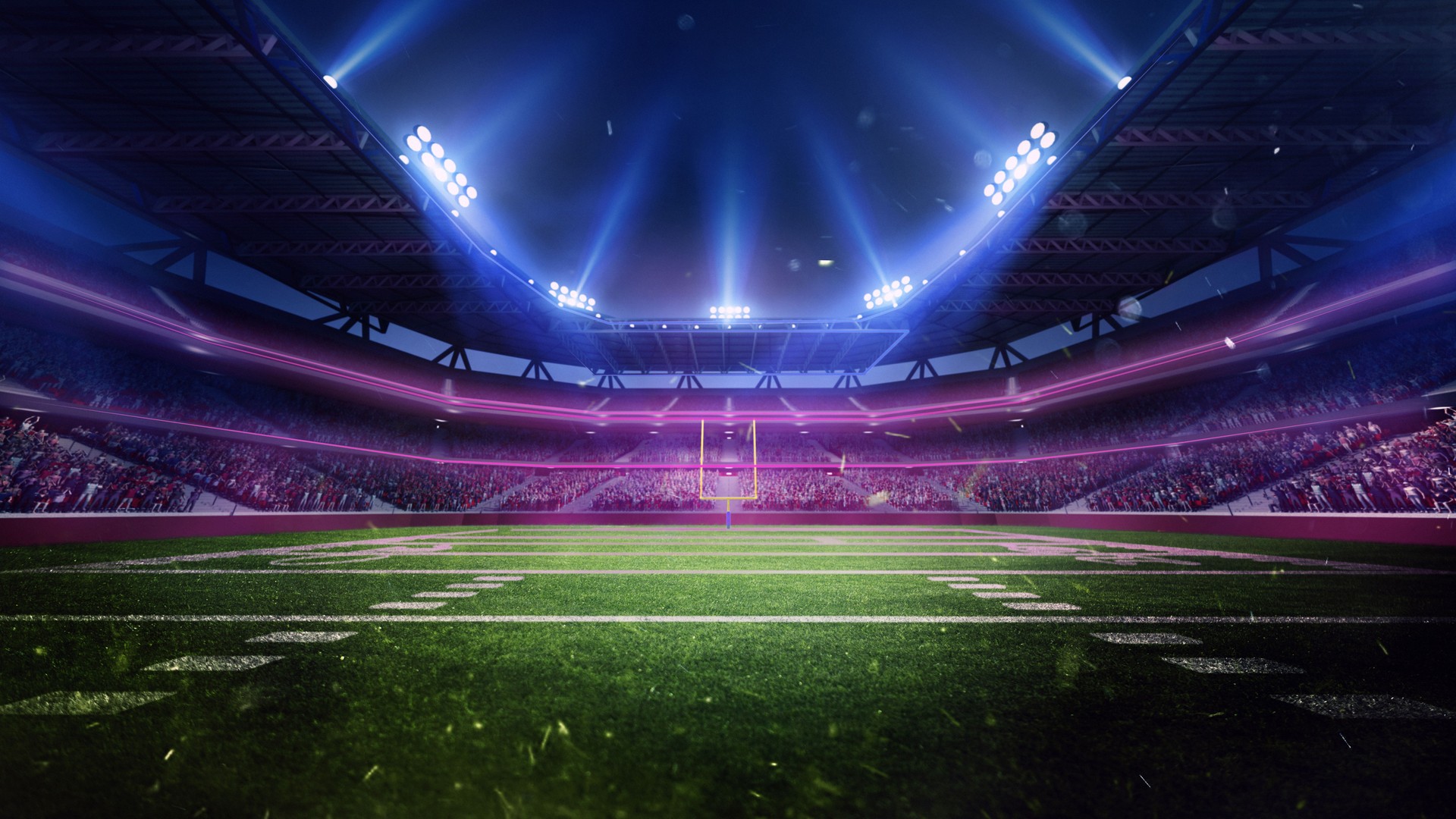 Aerial view of 3D render American football, soccer stadium with blurred tribunes with fans, empty arena in neon light. Open air match